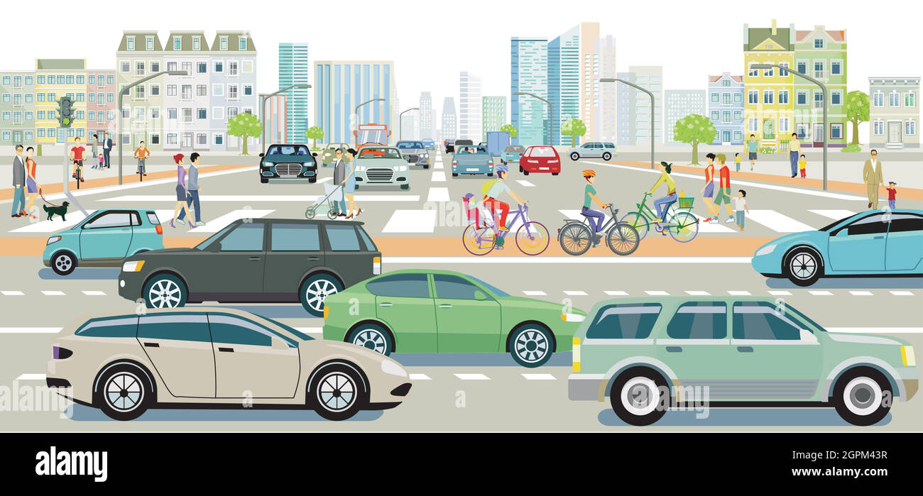 Straßenverkehr mit Menschen auf dem Fußgängerweg in einer Großstadt, Illustration Stock Vektor