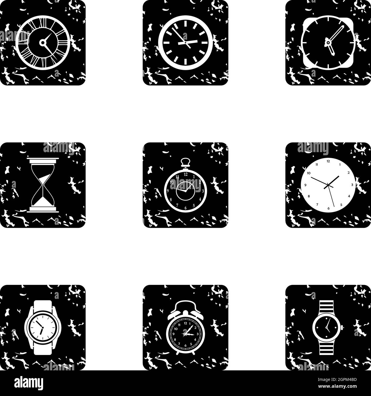 Arten von Uhren Symbole gesetzt, Grunge Stil Stock Vektor