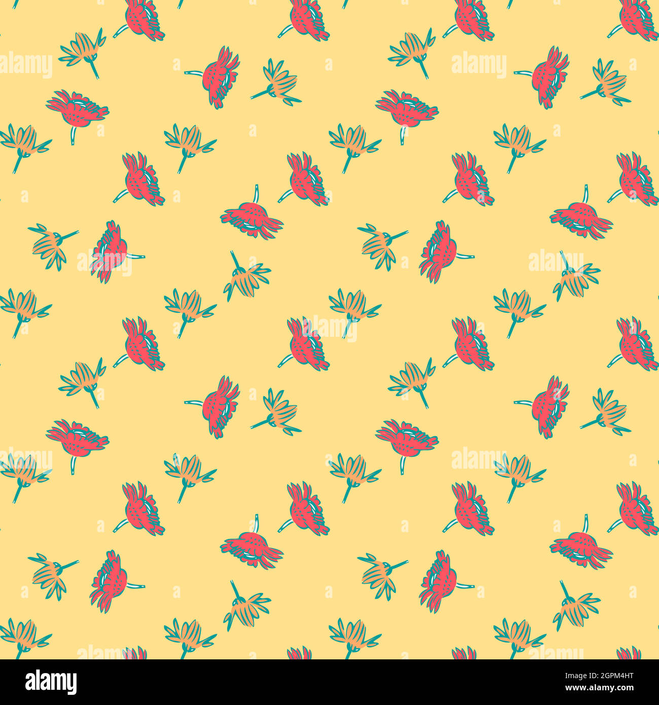 Chrysantheme Blumen Zeichnung, Blüte in roten gelben Farben, florale nahtlose Muster, Natur abstrakten Hintergrund Vektor. Line Art botanische Illustration für Grafikdesign Druck. Trendige Tapete Stock Vektor