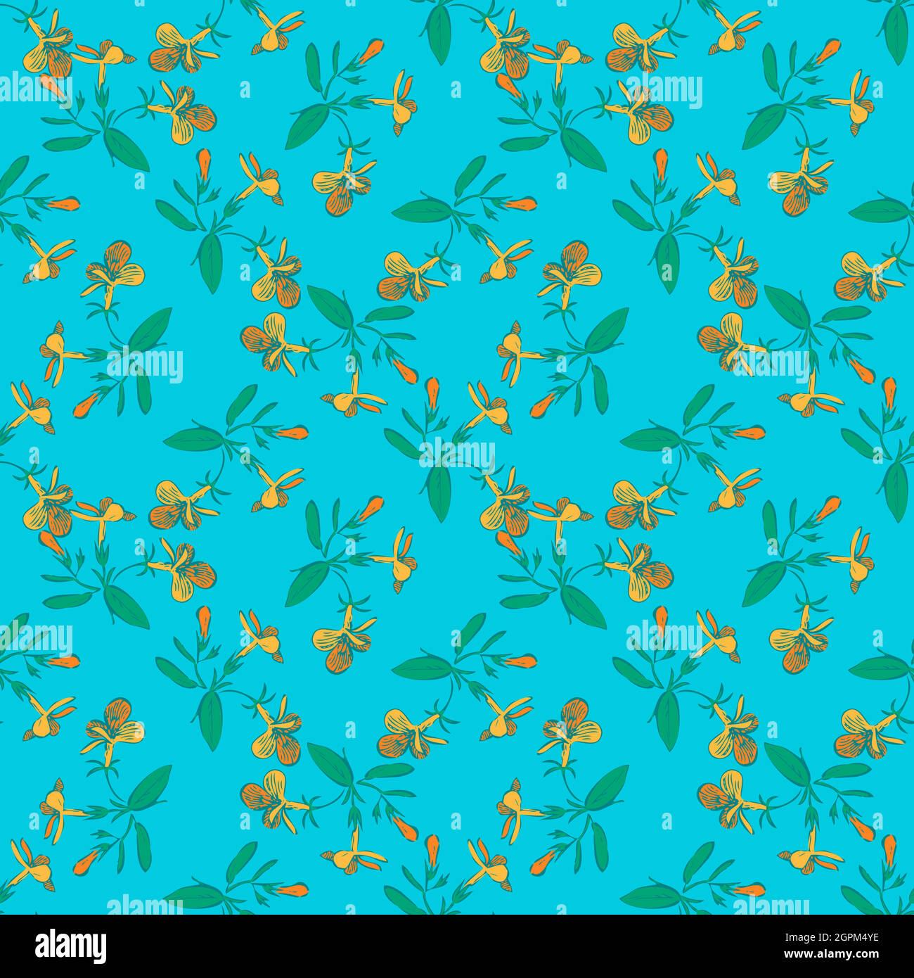 Zweige mit Blumenzeichnung, Blüte in gelben Farben, florale nahtlose Muster, Natur abstrakten Hintergrund Vektor. Linie Kunst botanische Illustration Grafik Design Druck, Stoff. Trendige blaue Tapete Stock Vektor