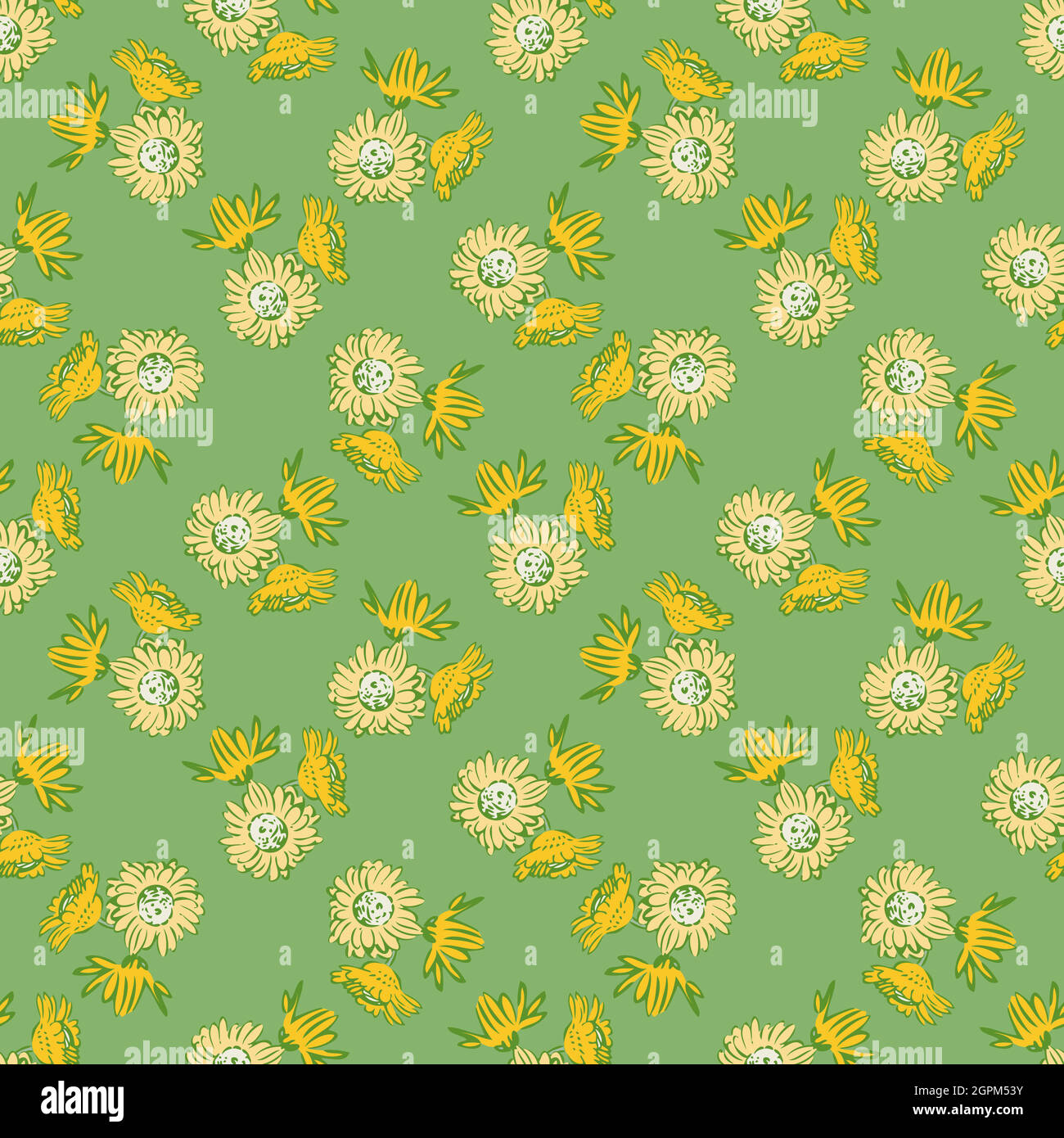 Chrysantheme Blumen Zeichnung, Blüte in gelben Farben, florale nahtlose Muster, Natur abstrakt Hintergrund Vektor. Linie Kunst botanische Illustration Grafik Design Druck, Stoff. Trendige grüne Tapete Stock Vektor