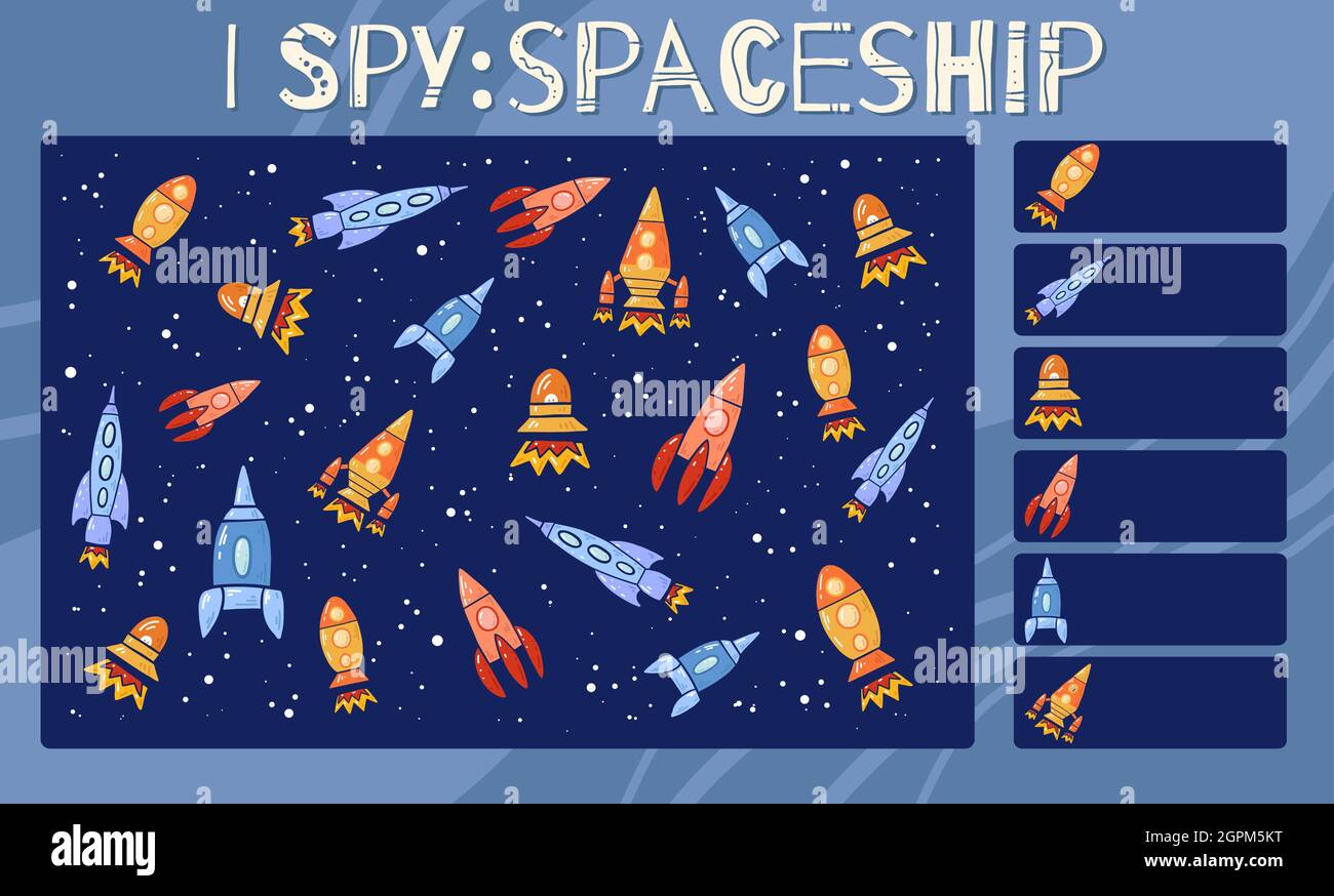 Ich spioniere Spiel. Pädagogischer Spaß für Kinder. Zählen Sie, wie viele Space Shuttle. Skizzieren Cartoon Rakete, Luft-und Raumfahrt-Fahrzeug auf dunkelblauem Hintergrund. Vektortemplatt Stock Vektor