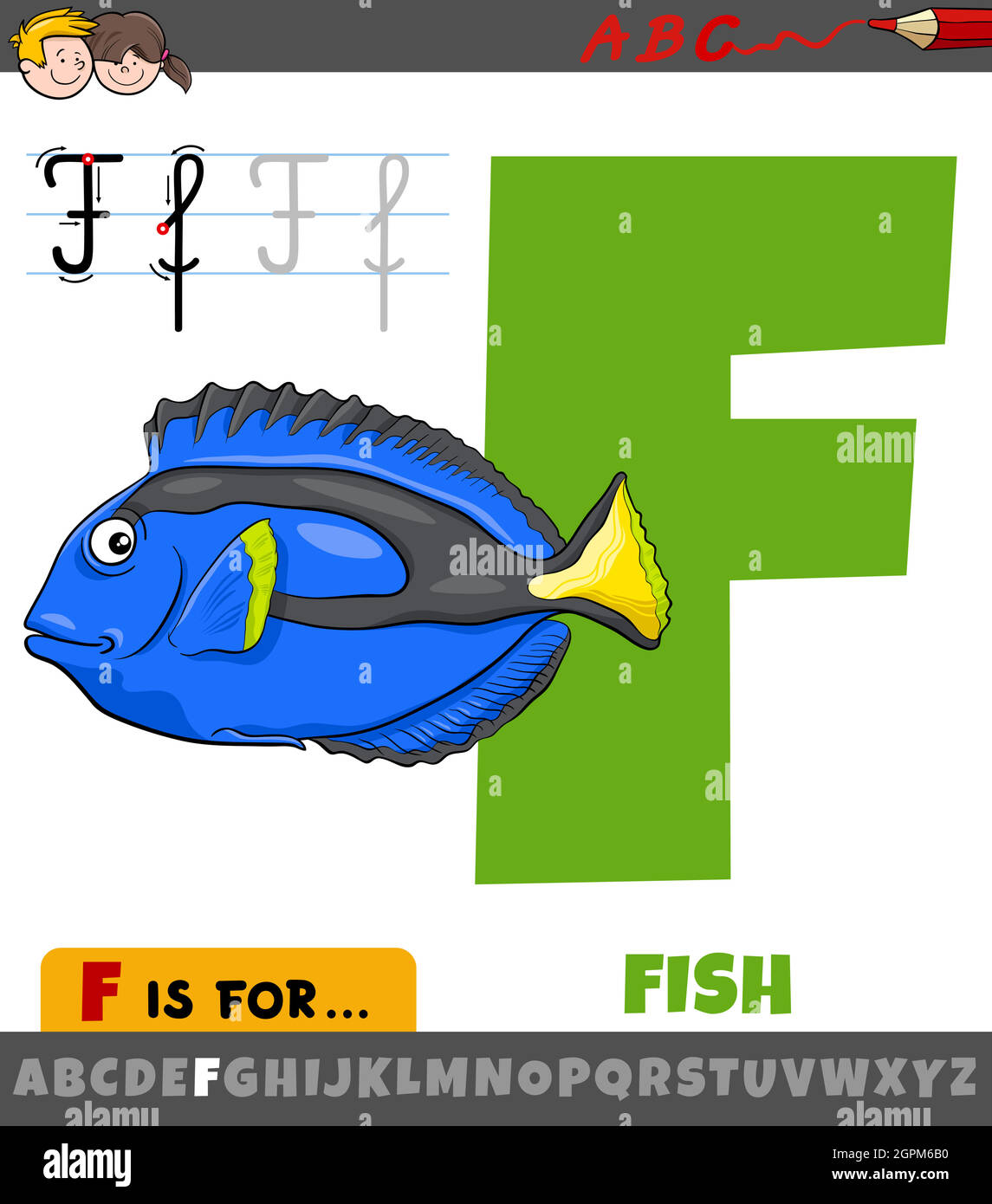 Buchstabe F aus Alphabet mit Cartoon Fisch Tier Charakter Stock Vektor