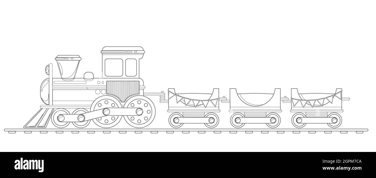 Kinder Zug Spielzeug im Cartoon-Stil Malbuch. Vektordarstellung auf weißem Hintergrund isoliert. Stock Vektor