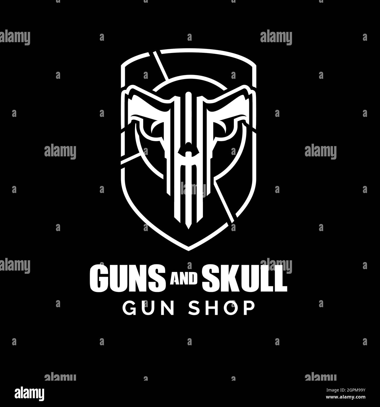 Guns and Skull Concept ein einzigartiger und starker Symbolvektor. Kann für T-Shirt-Print, Waffenladen, Team-Logo oder jeden anderen Zweck verwendet werden. Stock Vektor