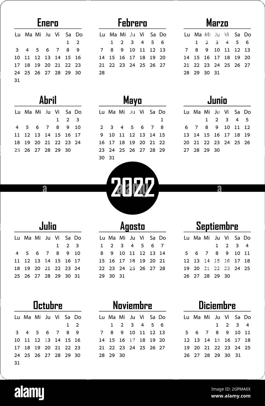 Vertikaler einfacher Taschenkalender auf 2022 Jahre, spanisch. Die Woche beginnt ab Montag. Stock Vektor