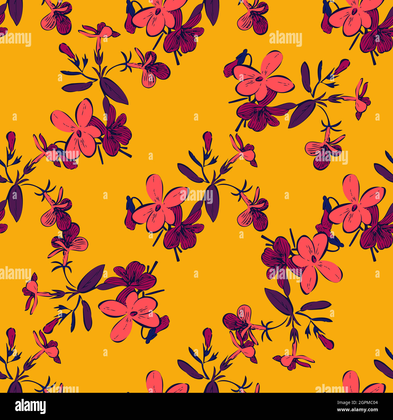 Zeichnen Zweige mit Blumen, Blüte in rosa lila gelben Farben, florale nahtlose Muster, Natur abstrakt Hintergrund Vektor. Linie Kunst botanische Illustration Grafik Design drucken. Trendige Tapete Stock Vektor