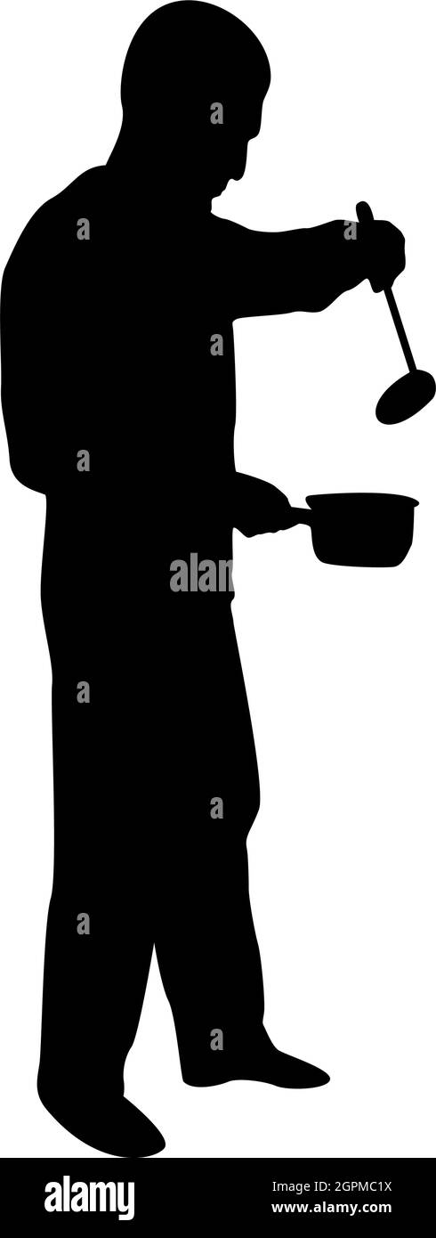 Silhouette Mann mit Topf Schaufel Schöpfkelle Küche Utensil Riss für Suppe in den Händen Vorbereitung Lebensmittel männlich Kochen verwenden Sauciers schwarz Farbe Vektor Illustration flachen Stil Bild Stock Vektor