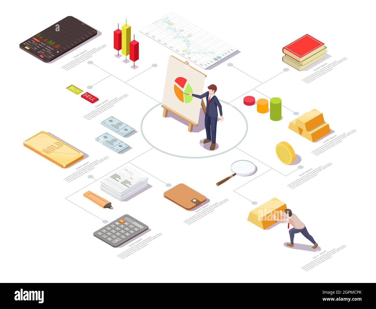 Finanzforschung Vektor isometrische Infografik. Aktienhandel, Anlageanalyse. Stock Vektor
