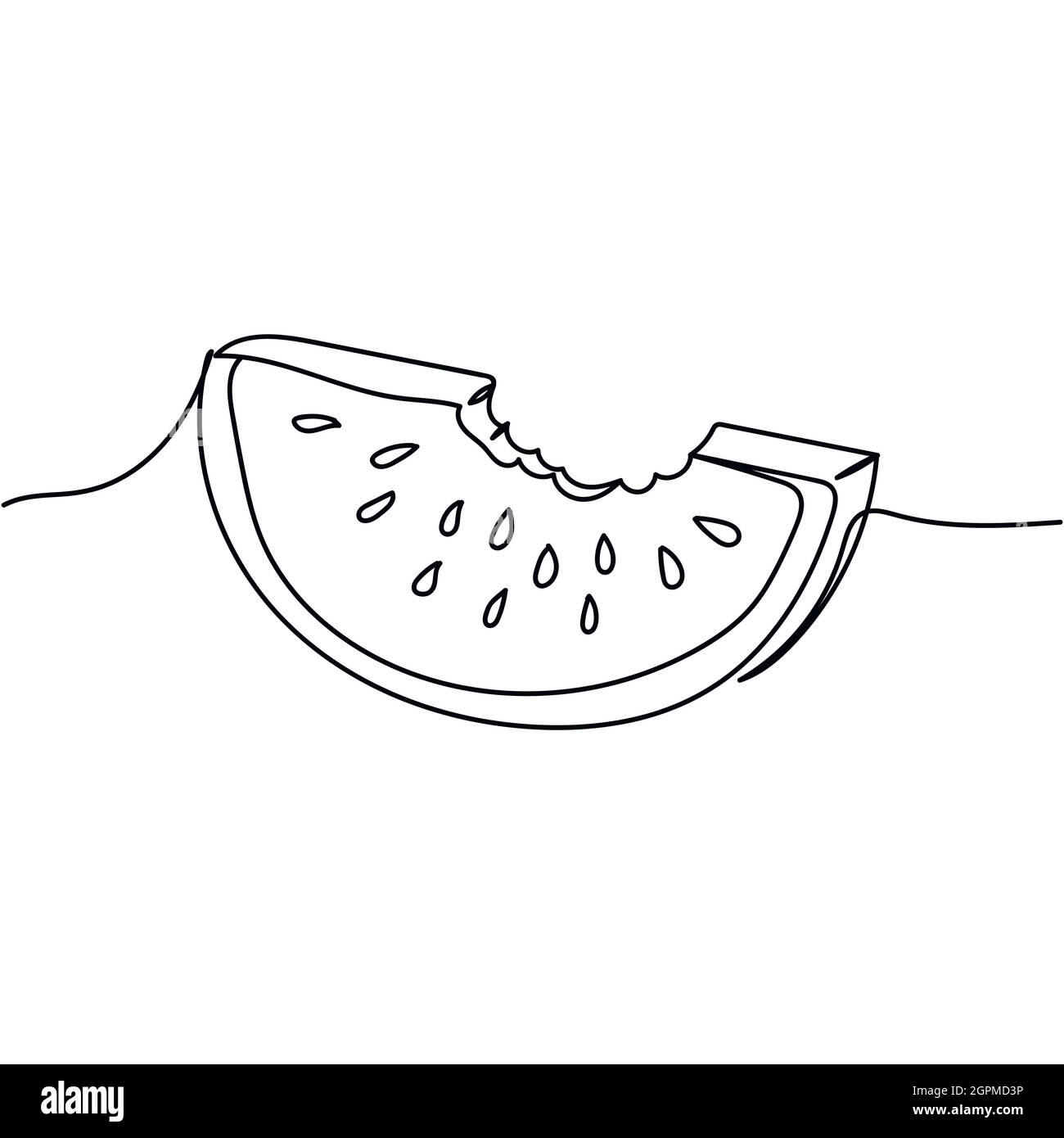 Eine Linie gebissene Wassermelonenscheibe in Silhouette durchlaufend. Minimalistischer Style. Perfekt für Karten, Partyeinladungen, Poster, Aufkleber, Kleidung. Schwarzes abstraktes Symbol. Sommerkonzept Stock Vektor
