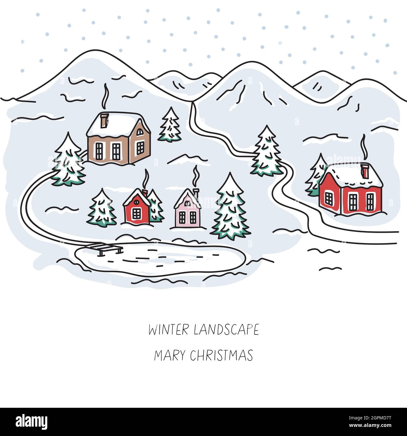 Winterlandschaft mit Häusern, Tannen, See und Bergen.farbige Vektorgrafik isoliert auf weißem Hintergrund.Weihnachtshäuser. Stock Vektor