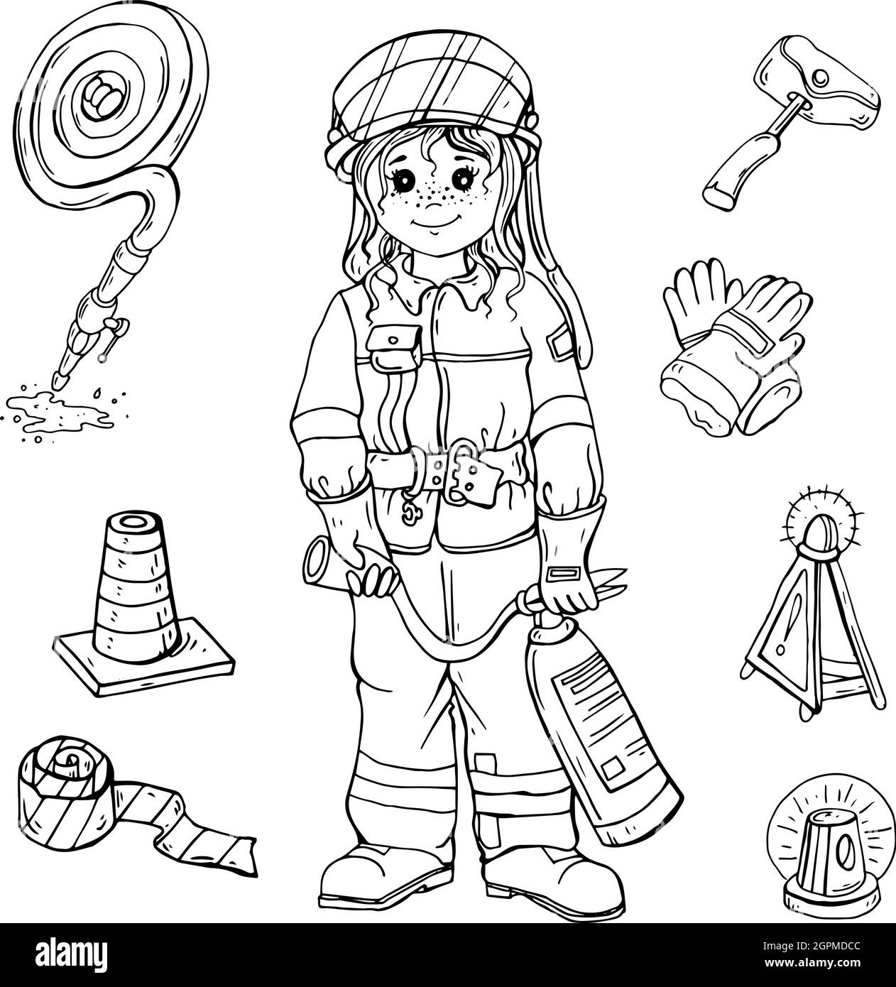 Satz von Charakteren des Berufs Feuerwehrmann mit Brandschutzausrüstung. Feuerwehrmann Stock Vektor