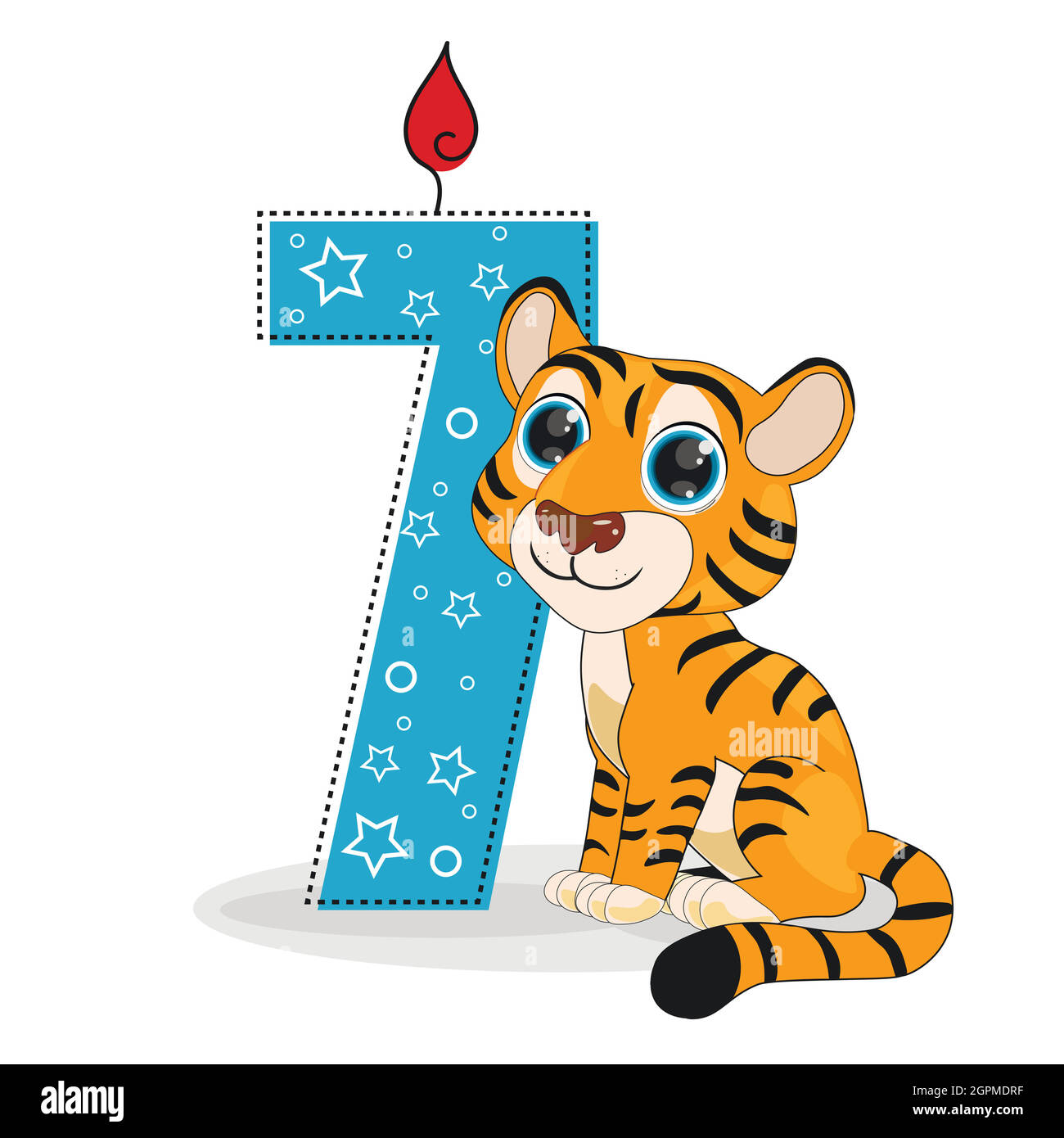 Niedliche Cartoon Tiger mit Zahl sieben Vektor-Illustration. Perfekt für Karten, Partyeinladungen, Poster, Aufkleber, Kleidung. Geburtstagskonzept Stock Vektor