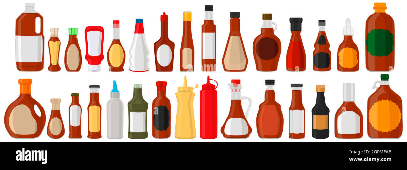 Abbildung auf Thema-Kit abwechslungsreiche Glasflaschen gefüllt flüssige Sauce Ahornsirup Stock Vektor