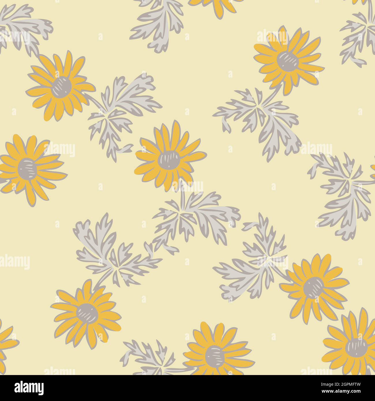 Chrysantheme Blumen Zeichnung, Blüte in gelben Farben, florale nahtlose Muster, Natur abstrakt Hintergrund Vektor. Linie Kunst botanische Illustration Grafik Design Druck, Stoff. Trendige graue Tapete Stock Vektor