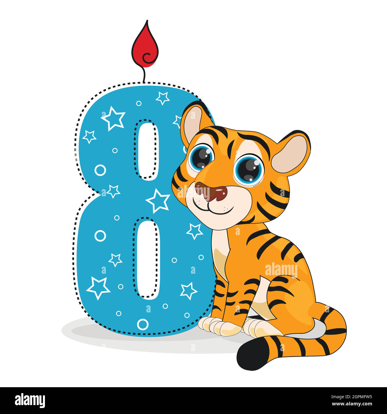 Niedliche Cartoon Tiger mit Zahl acht Vektor-Illustration. Perfekt für Karten, Partyeinladungen, Poster, Aufkleber, Kleidung. Geburtstagskonzept Stock Vektor
