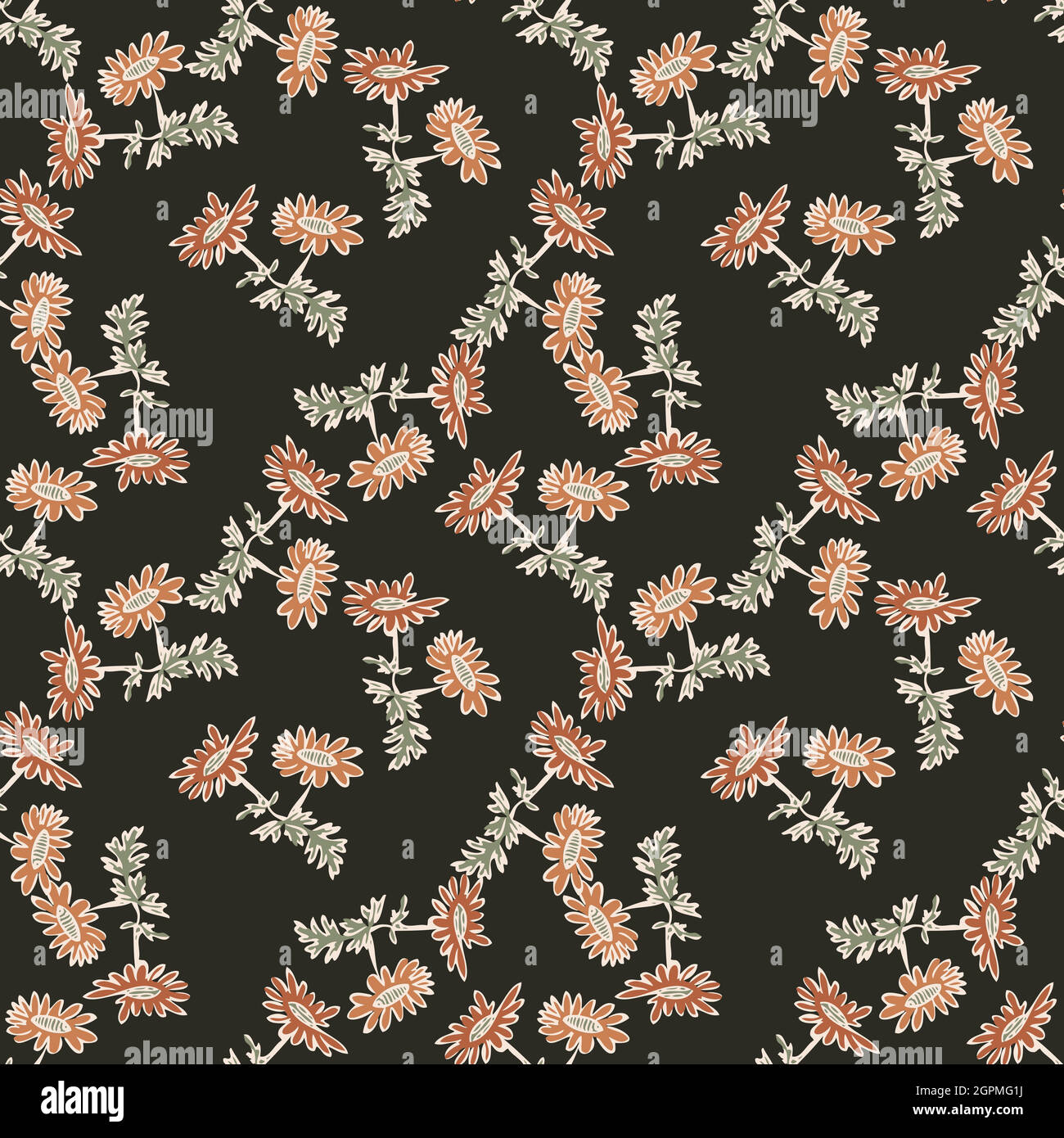 Chrysantheme Blumen Zeichnung, Blüte in braunen Farben, florale nahtlose Muster, Natur abstrakt Hintergrund Vektor. Linie Kunst botanische Illustration Grafik Design Druck, Stoff. Trendige schwarze Tapete Stock Vektor