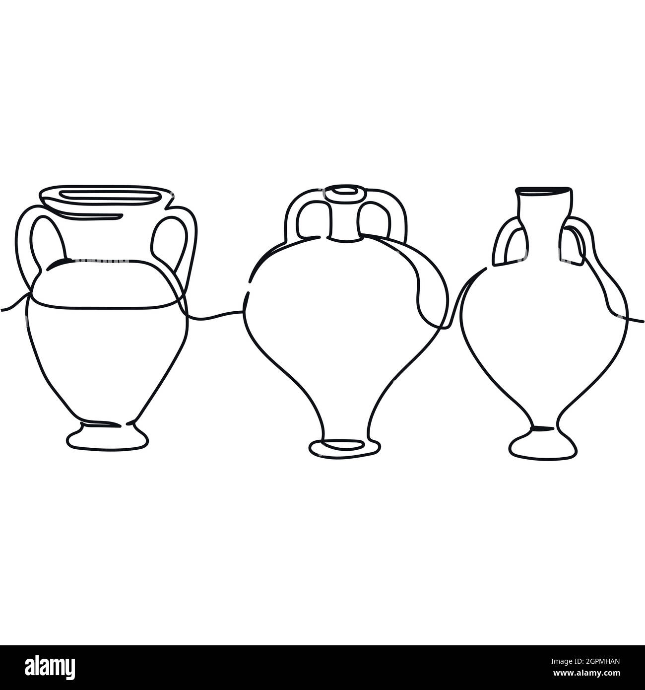 Durchgehende, eine Linie von antiken griechischen Vasen, die in Silhouette gesetzt sind. Minimalistischer Style. Perfekt für Karten, Partyeinladungen, Poster, Aufkleber, Kleidung. Schwarzes abstraktes Symbol. Stock Vektor