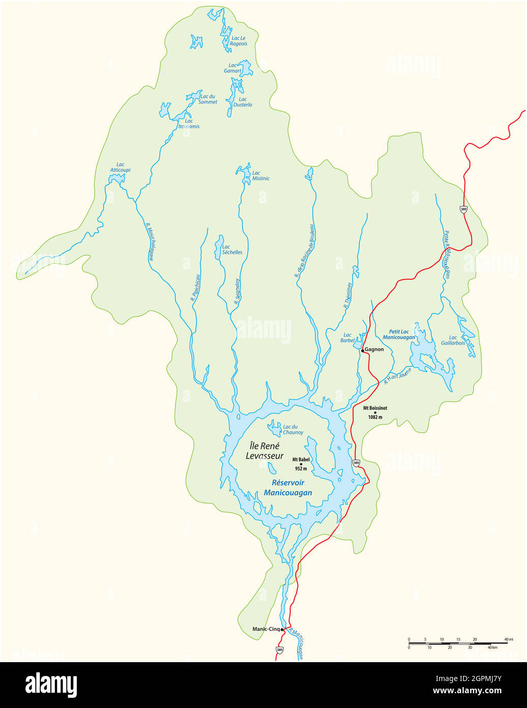 Vektorkarte von ReÌservoir Manicouagan, Quebec, Kanada Stock Vektor