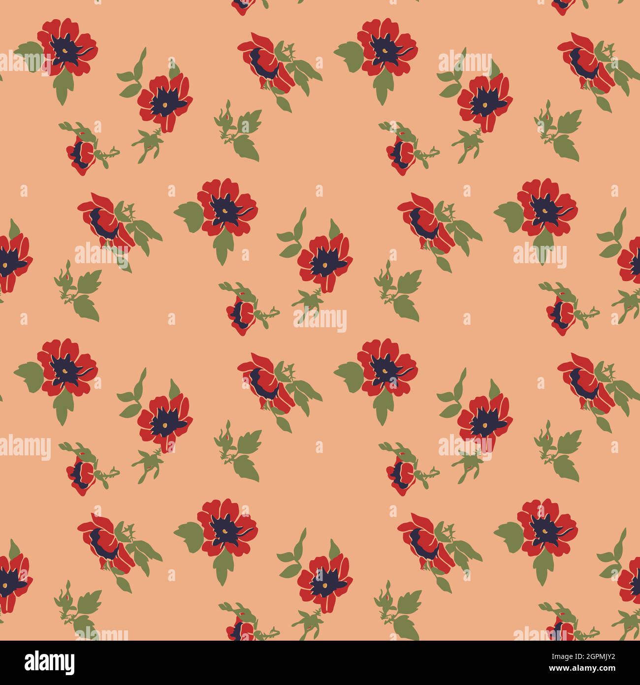 Zeichnung Blüte rote Blumen Rosen. Nahtloses Blumenmuster. Natur abstrakt Hintergrund Vektor Tapete. Linie Kunst botanische Illustration Grafik Design. Trendige Pastell-Koralle, grüne Farben malen Stock Vektor