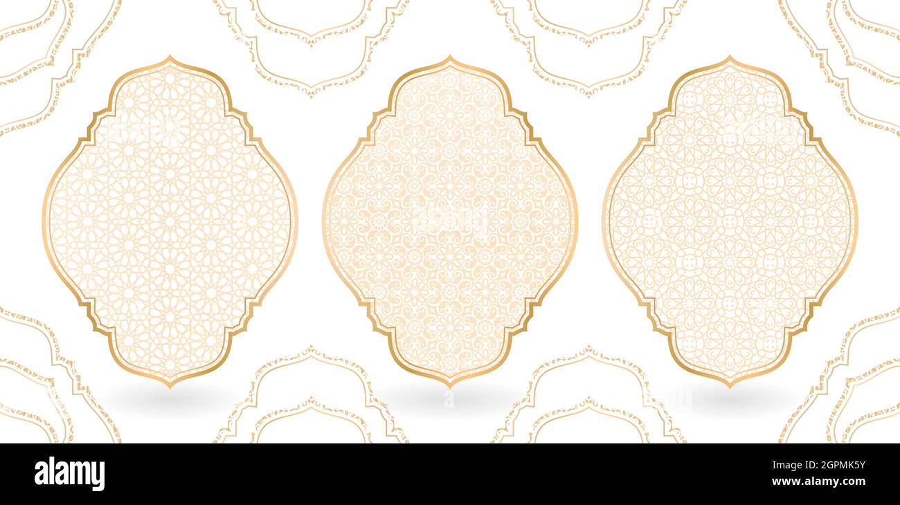 Islamisches Muster mit Rahmen und goldener Linie, isolierter weißer Hintergrund. Drei Muster Design Variation Stil, anwendbar für Banner, Poster, Flyer, Grußkarten, Einladung zur islamischen Feier. Stock Vektor