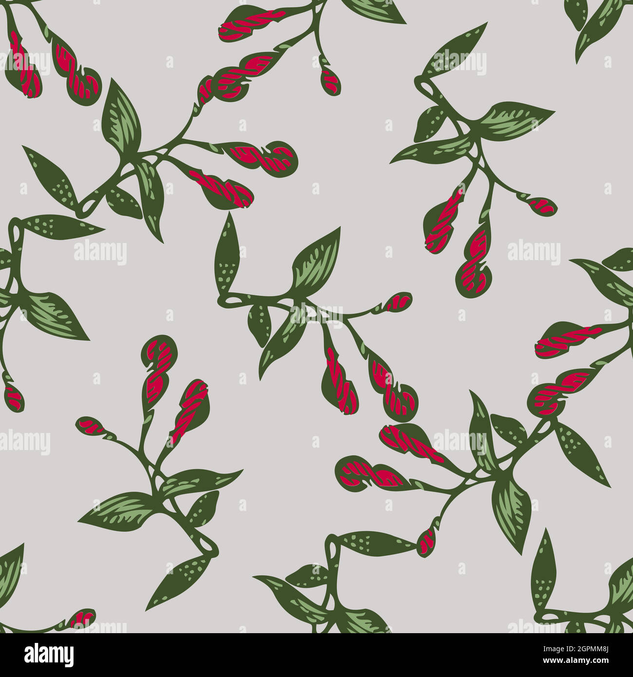 Zeichnung Knospen blüht Fuchsia. Schöner, nahtloser Blumenmuster-Druck. Natur abstrakt Hintergrund Vektor Tapete. Linie Kunst botanische Illustration Grafik Design. Trendige pastellgrün, rot, grau Farbe Stock Vektor