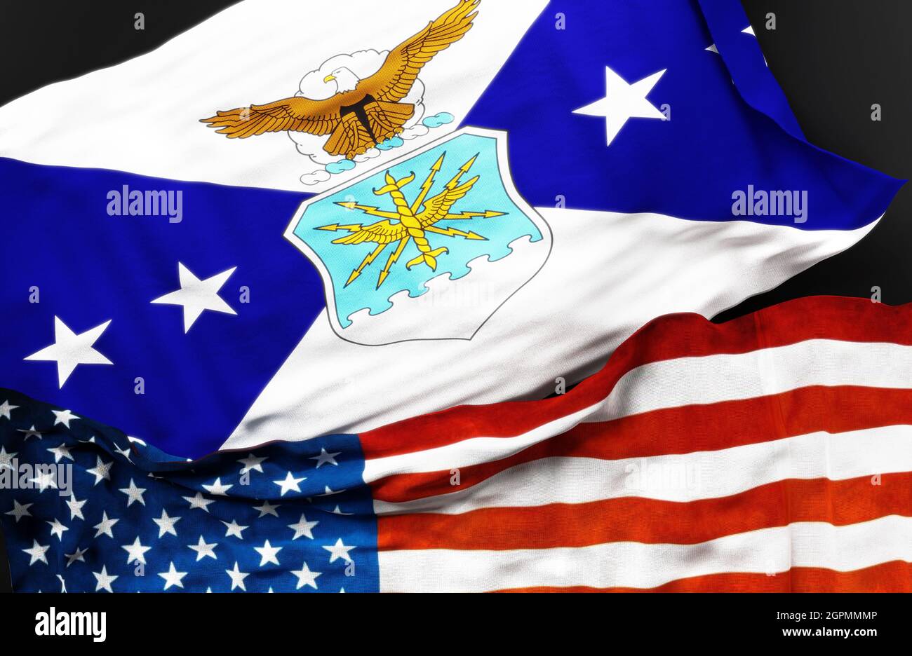 Flagge des stellvertretenden Stabschefs der Luftwaffe zusammen mit einer Flagge der Vereinigten Staaten von Amerika als Symbol der Einheit zwischen ihnen, 3d-Illustration Stockfoto