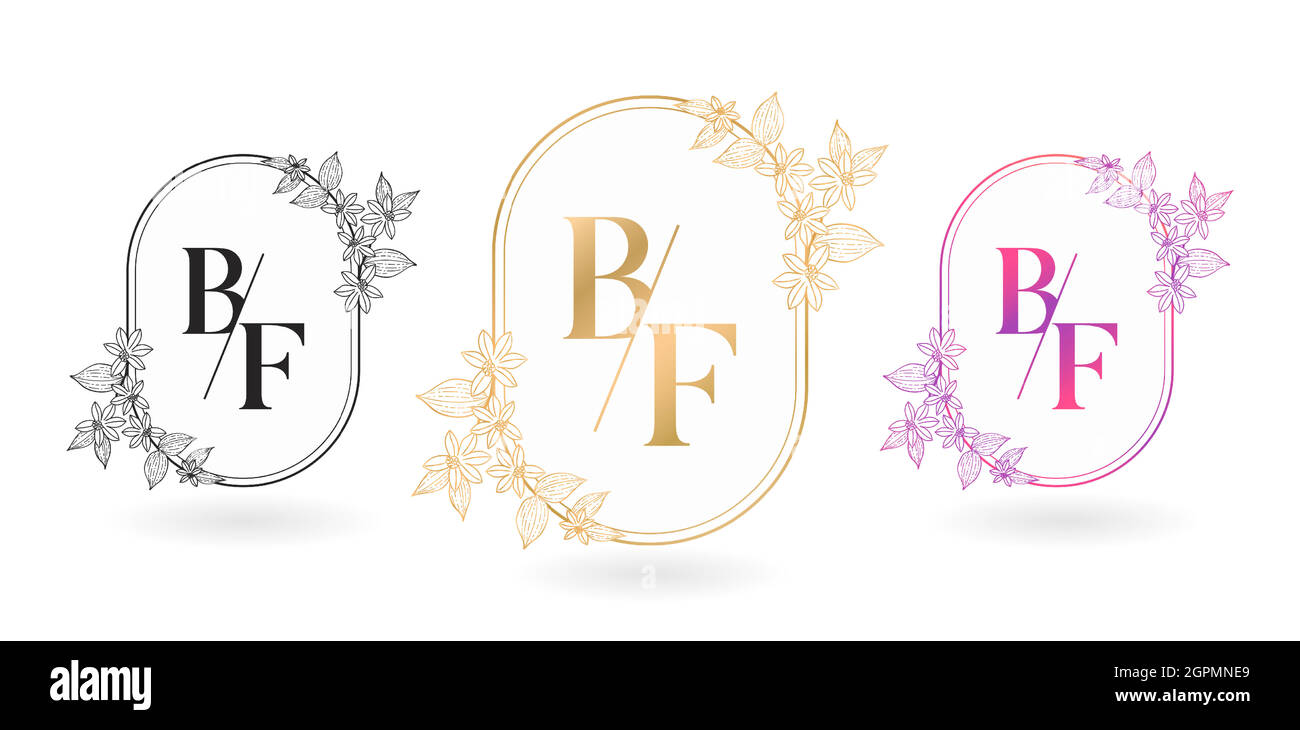 Illustration von floralen Rahmen für BF Anfangsbuchstaben und Grafiknamen, B und F Monogramm, für Hochzeitspaar symbolisch, Logo Firma und Ikone Geschäft, mit drei Farben Variation Designs Stock Vektor
