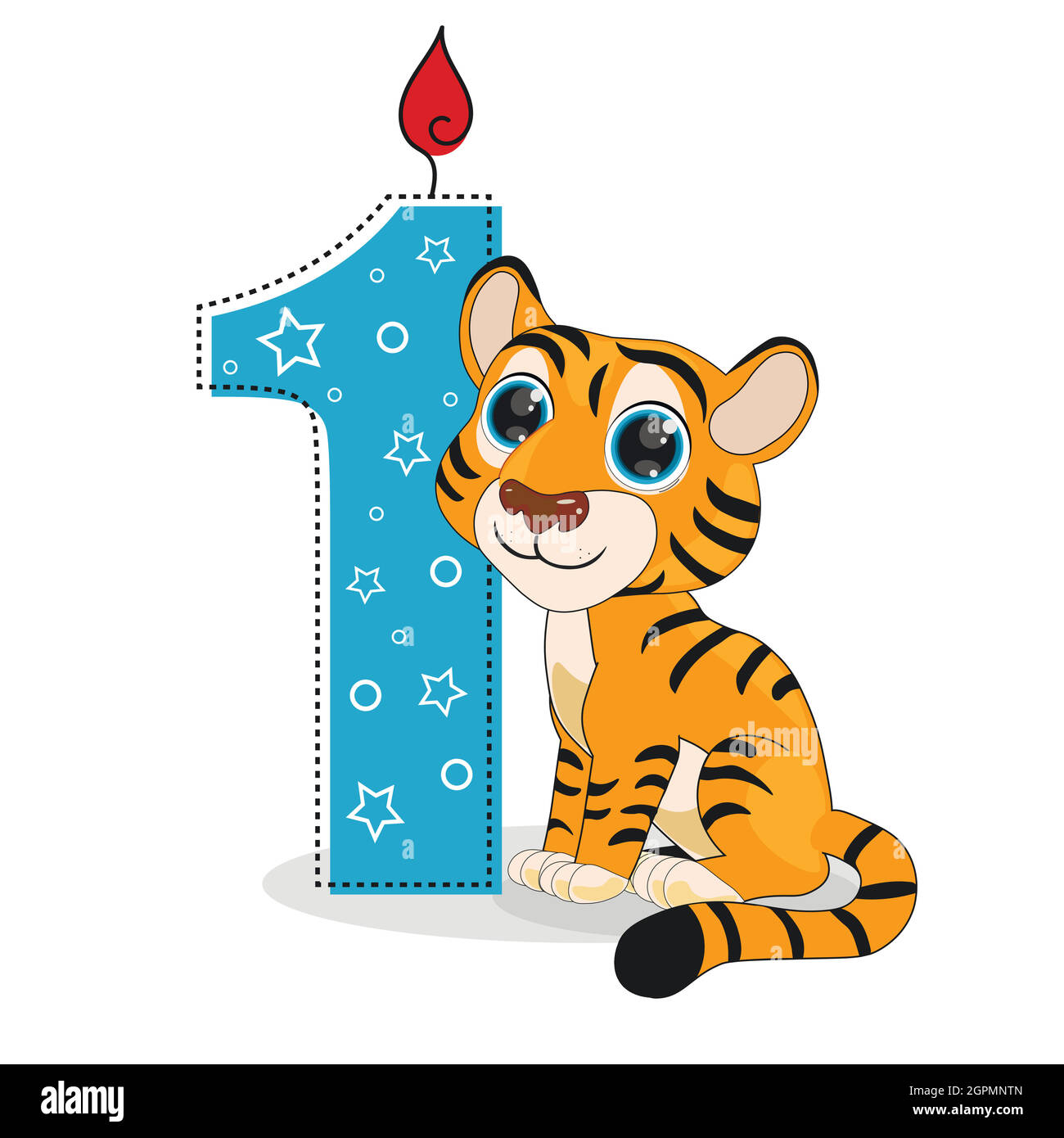 Niedliche Cartoon Tiger mit Nummer eins Vektor-Illustration. Perfekt für Karten, Partyeinladungen, Poster, Aufkleber, Kleidung. Geburtstagskonzept Stock Vektor