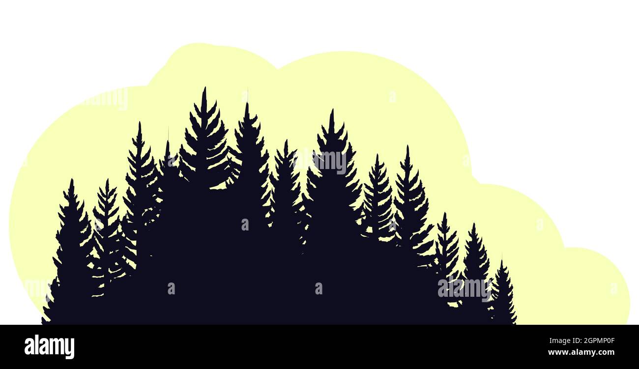 Wald Silhouette Szene. Landschaft mit Nadelbäumen. Wunderschöne Aussicht. Kiefern- und Fichtenbäume. Sommer Natur. Isolierter Illustrationsvektor. Stock Vektor