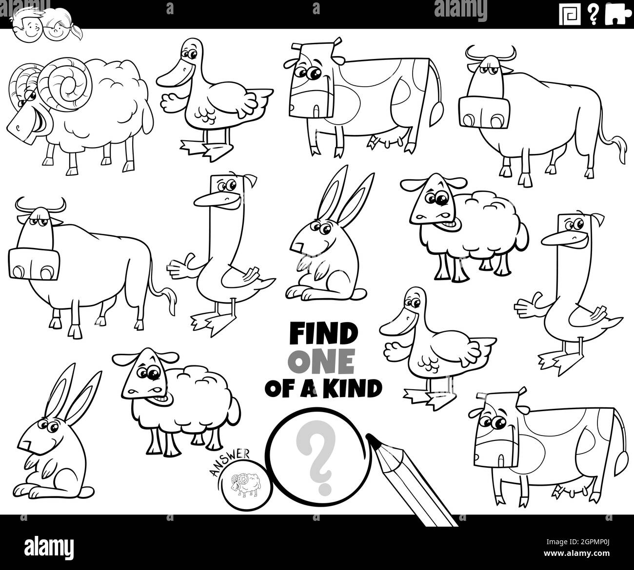 Ein von einer Art Spiel mit Cartoon Bauernhof Tiere Färbung Buchseite Stock Vektor