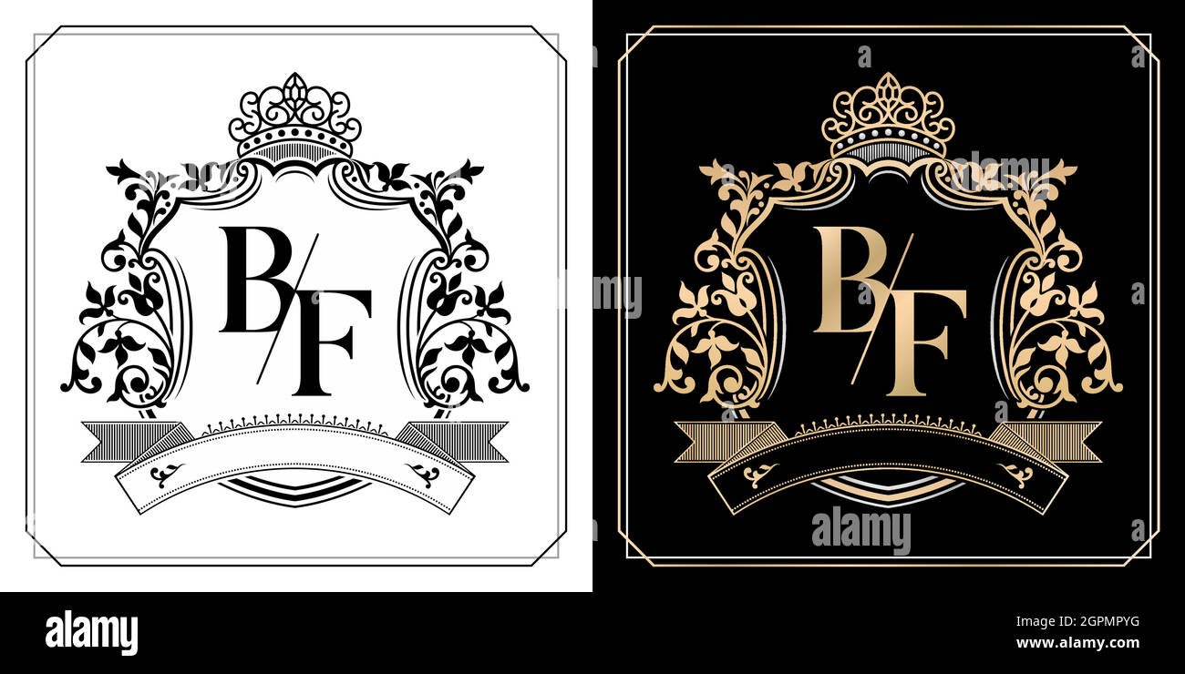 BF Royal Emblem mit Krone, Anfangsbuchstaben und grafischen Namensrahmen Rand von floralen Designs mit zwei Variationen Farben, BF Monogramm, Insignien, Anfangsbuchstabenrahmen, Eheleute Namen Stock Vektor