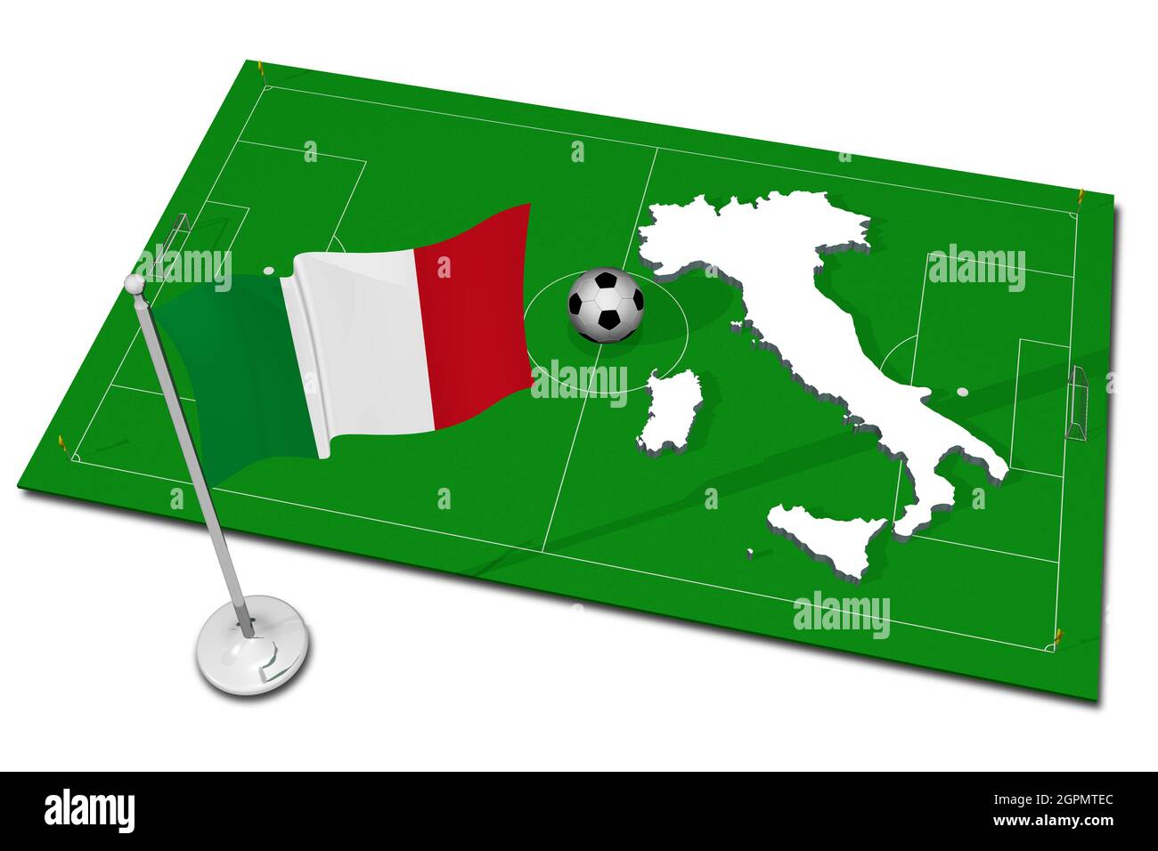 Italien. Nationalflagge mit Fußball im Vordergrund. Sport Fußball - 3D Illustration Stockfoto