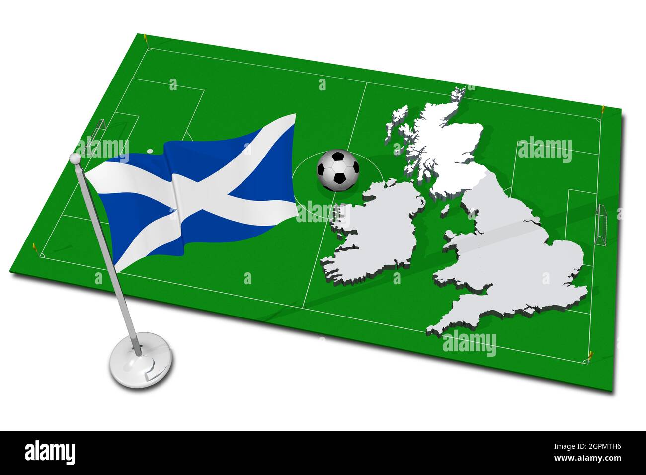 Schottland. Nationalflagge mit Fußball im Vordergrund. Sport Fußball - 3D Illustration Stockfoto