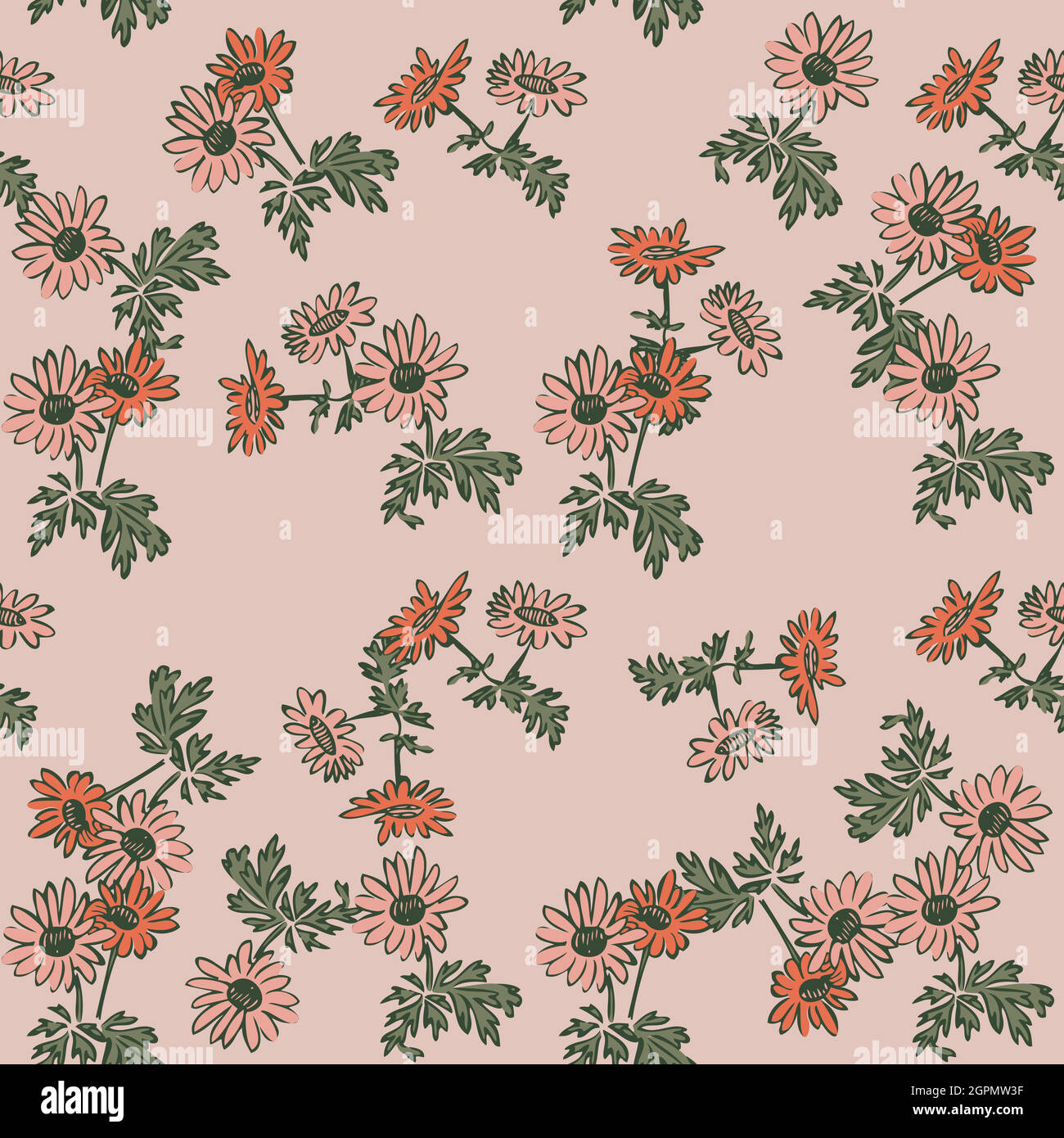 Zeichnung Blüte Chrysanthemum Blumen. Nahtloses Blumenmuster. Natur abstrakt Hintergrund Vektor Tapete. Linie Kunst botanische Illustration Grafik Design. Trendige pastellrosa, grüne Farben Stock Vektor