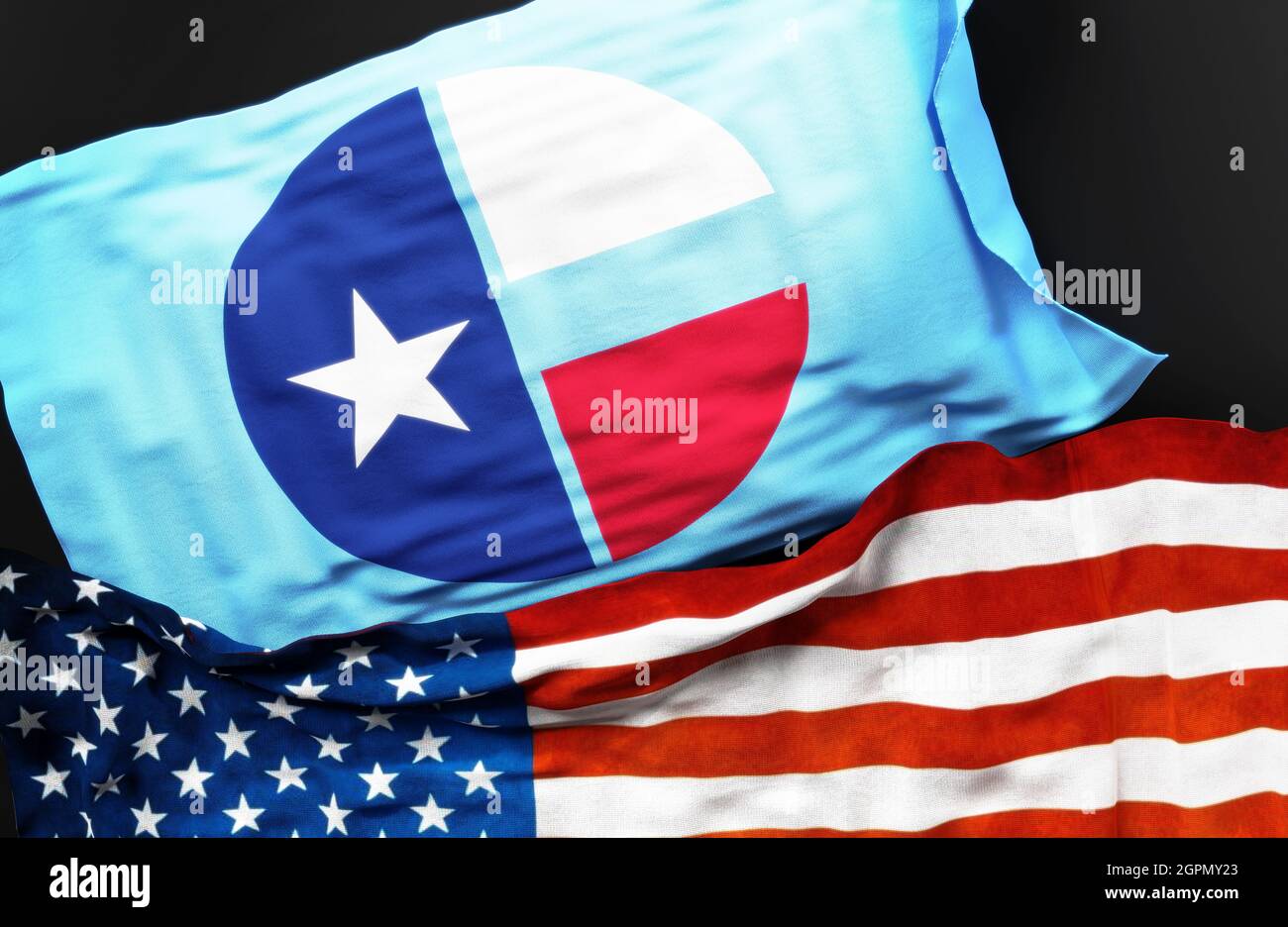 Flagge von Collin County Texas zusammen mit einer Flagge der Vereinigten Staaten von Amerika als Symbol der Einheit zwischen ihnen, 3d-Illustration Stockfoto