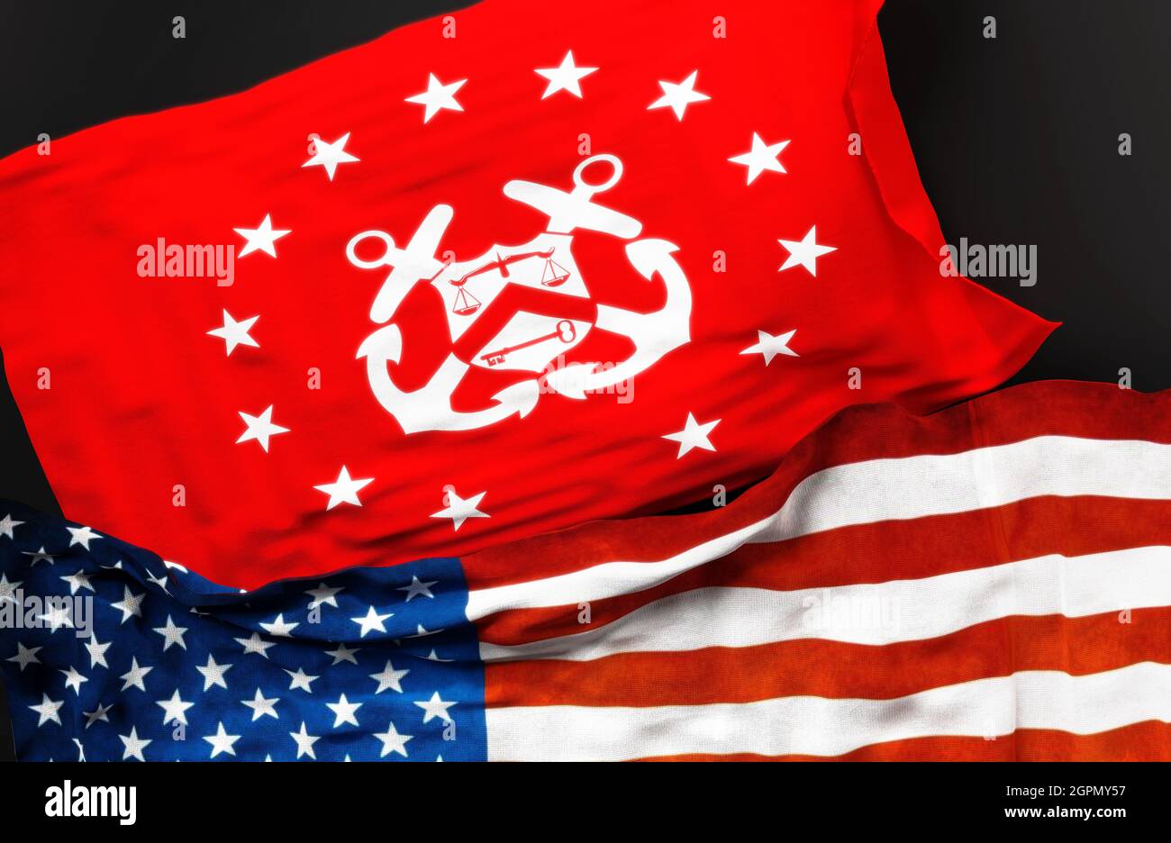 Flagge der Vereinigten Staaten unter dem Finanzminister zusammen mit einer Flagge der Vereinigten Staaten von Amerika als Symbol für eine Verbindung zwischen ihnen, Stockfoto