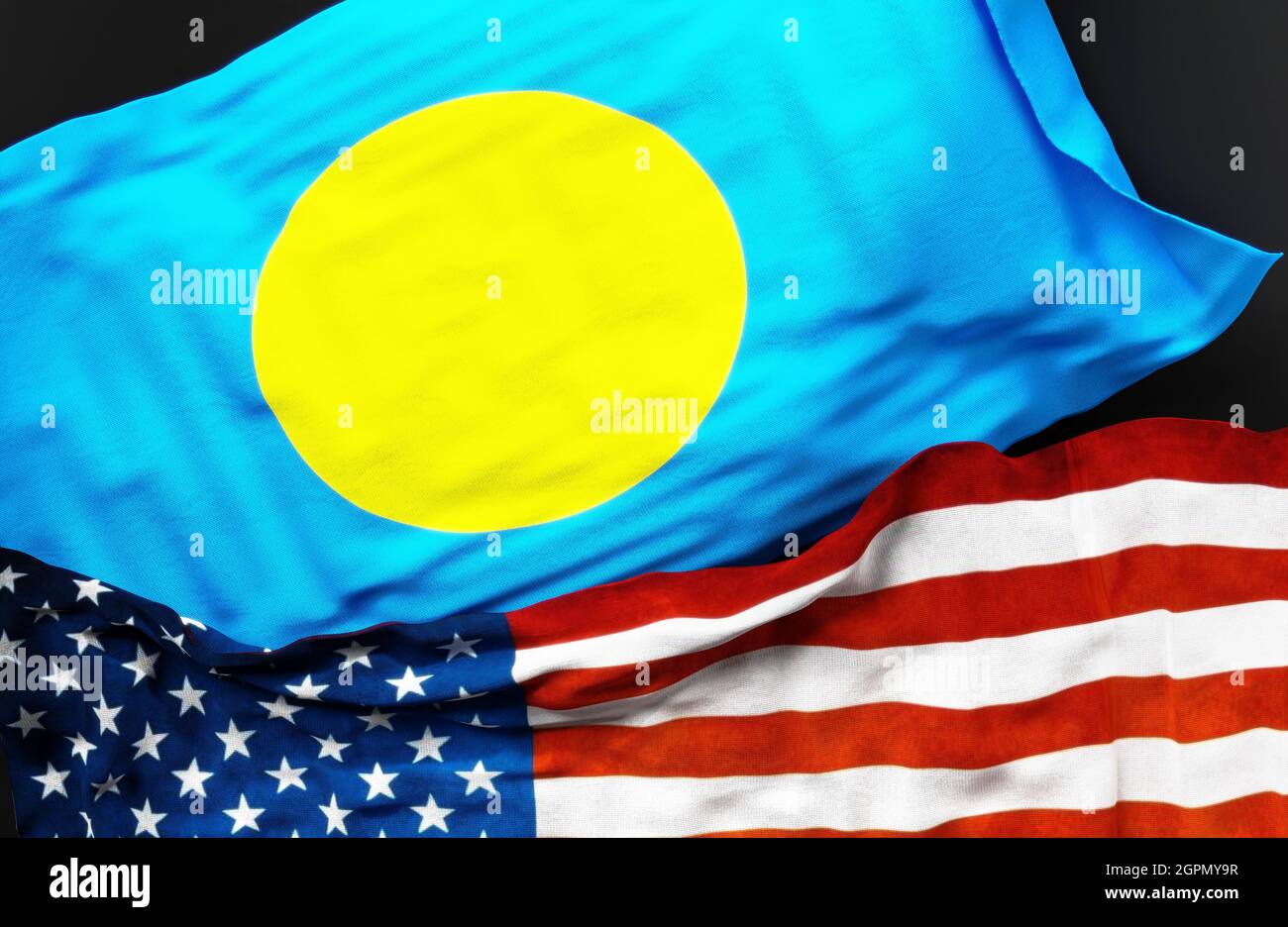 Flagge von Palau zusammen mit einer Flagge der Vereinigten Staaten von Amerika als Symbol der Einheit zwischen ihnen, 3d-Illustration Stockfoto