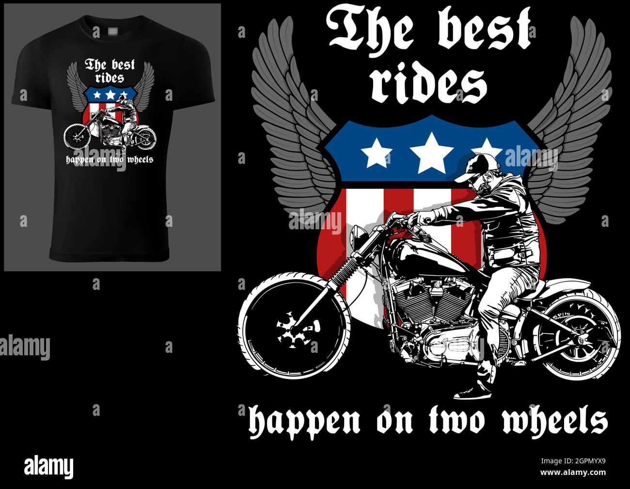 T-Shirt Design mit Motorradfahrer und Slogan Stock Vektor