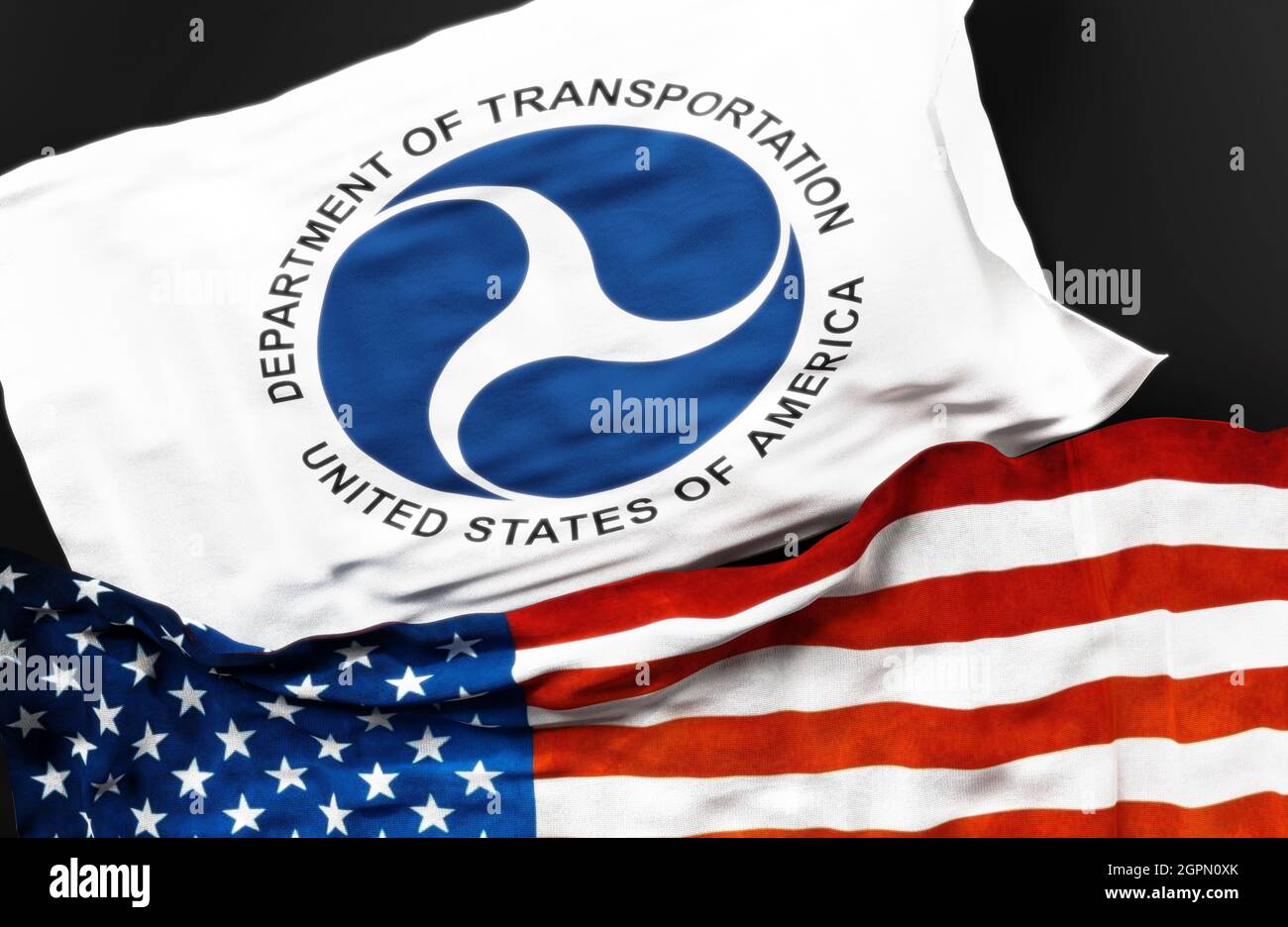 Flagge des Transportministeriums der Vereinigten Staaten zusammen mit einer Flagge der Vereinigten Staaten von Amerika als Symbol für eine Verbindung zwischen ihnen, 3d Stockfoto