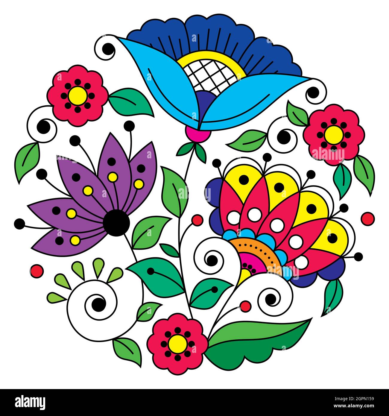 Schwedischer Volkskunst Vektor Mandala Design Muster mit Blumen, Blättern und Wirbeln inspiriert von der traditionellen Stickerei aus Skandinavien Stock Vektor