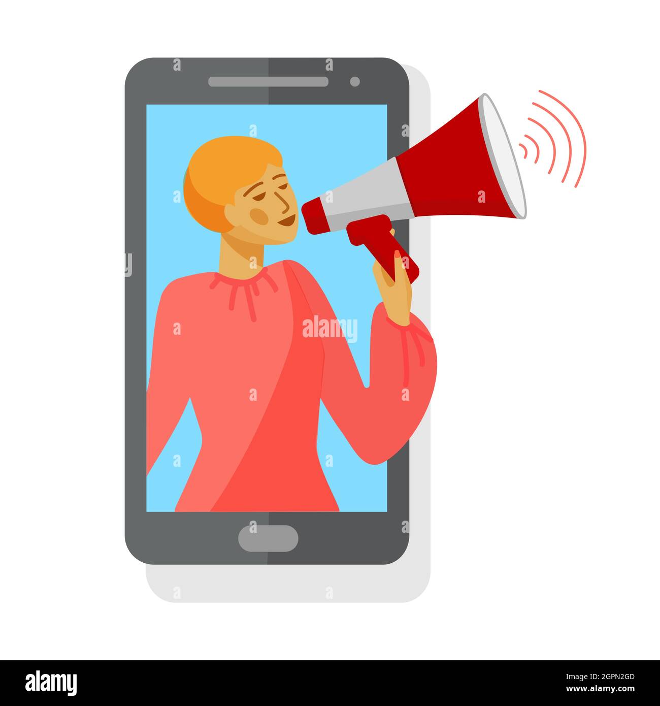 Frau auf dem Smartphone-Bildschirm. Frau mit Lautsprecher oder Bullhorn. Vektorgrafik im flachen Stil. Stock Vektor