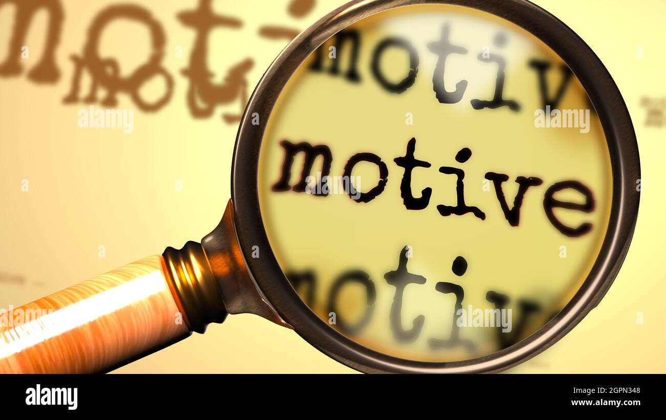 Motiv und eine Lupe auf dem englischen Wort Motive symbolisieren das Studium, die Untersuchung oder die Suche nach einer Erklärung und Antworten im Zusammenhang mit einem Konzept Stockfoto
