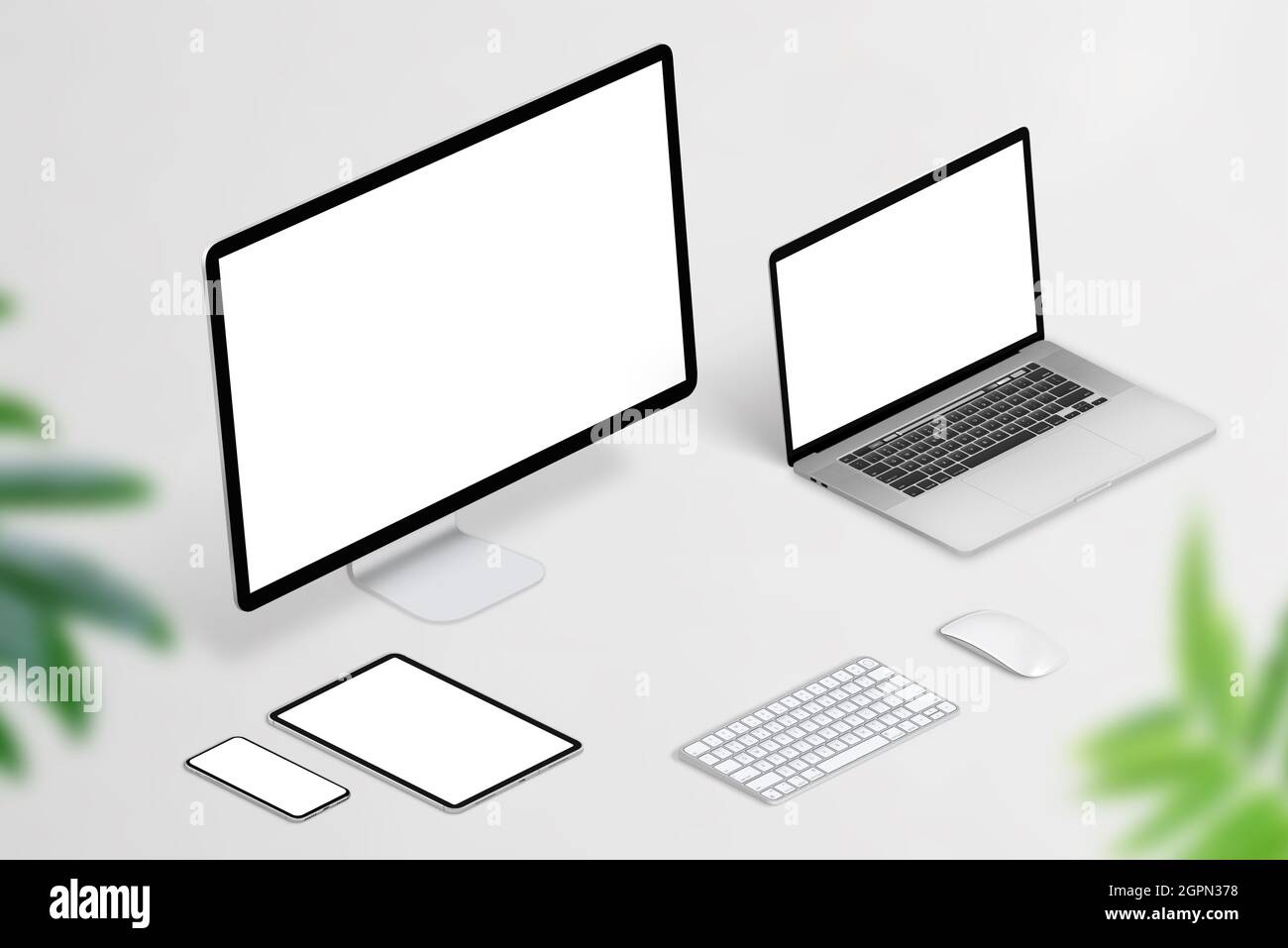 Modell für isometrische, reaktionsfreudige Designgeräte. Geräte mit isoliertem Display auf sauberer Oberfläche mit Pflanzen im Vordergrund Stockfoto