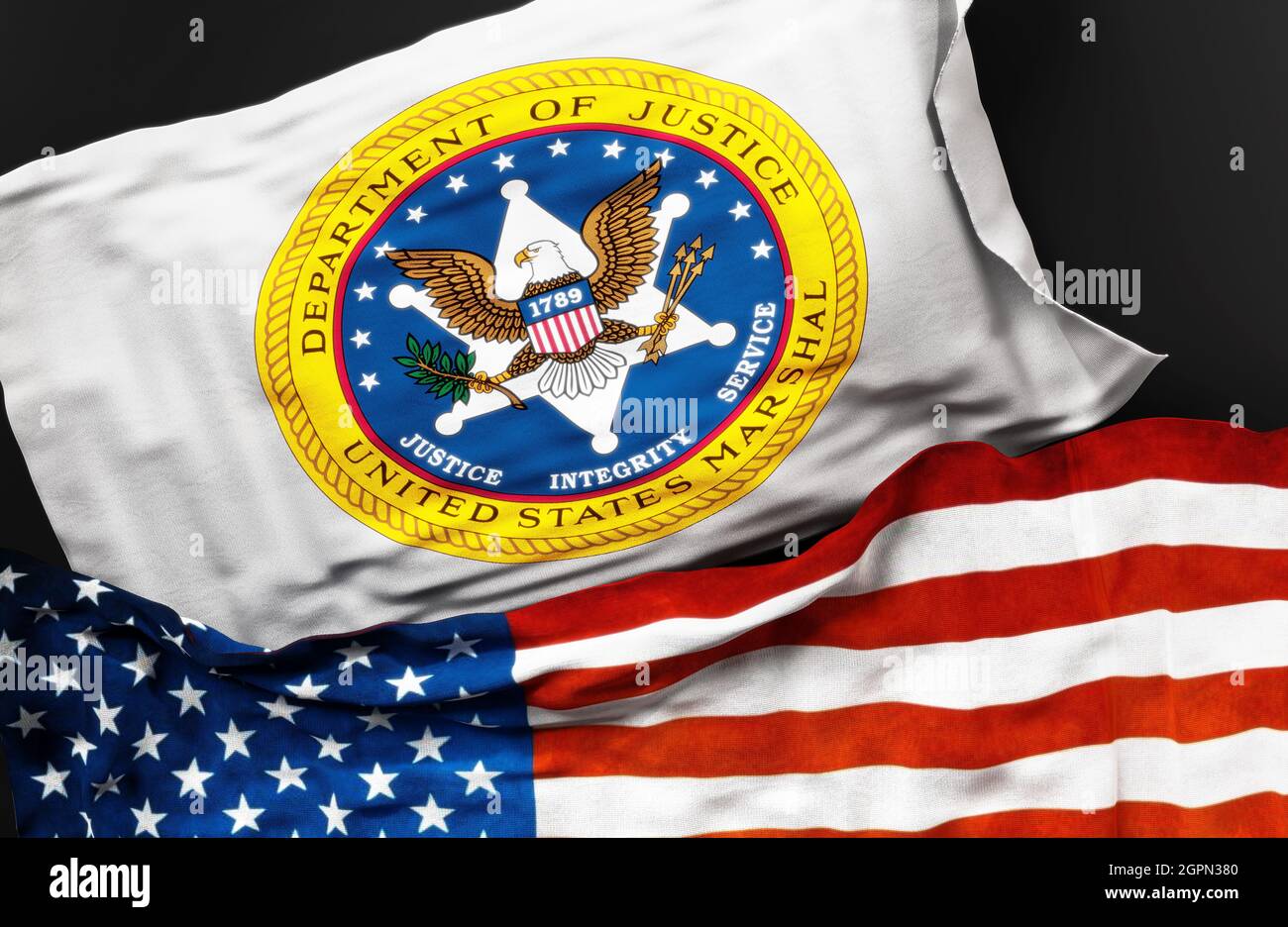 Flagge der United States Marshals Service Variante zusammen mit einer Flagge der Vereinigten Staaten von Amerika als Symbol für eine Verbindung zwischen ihnen, 3d-illu Stockfoto
