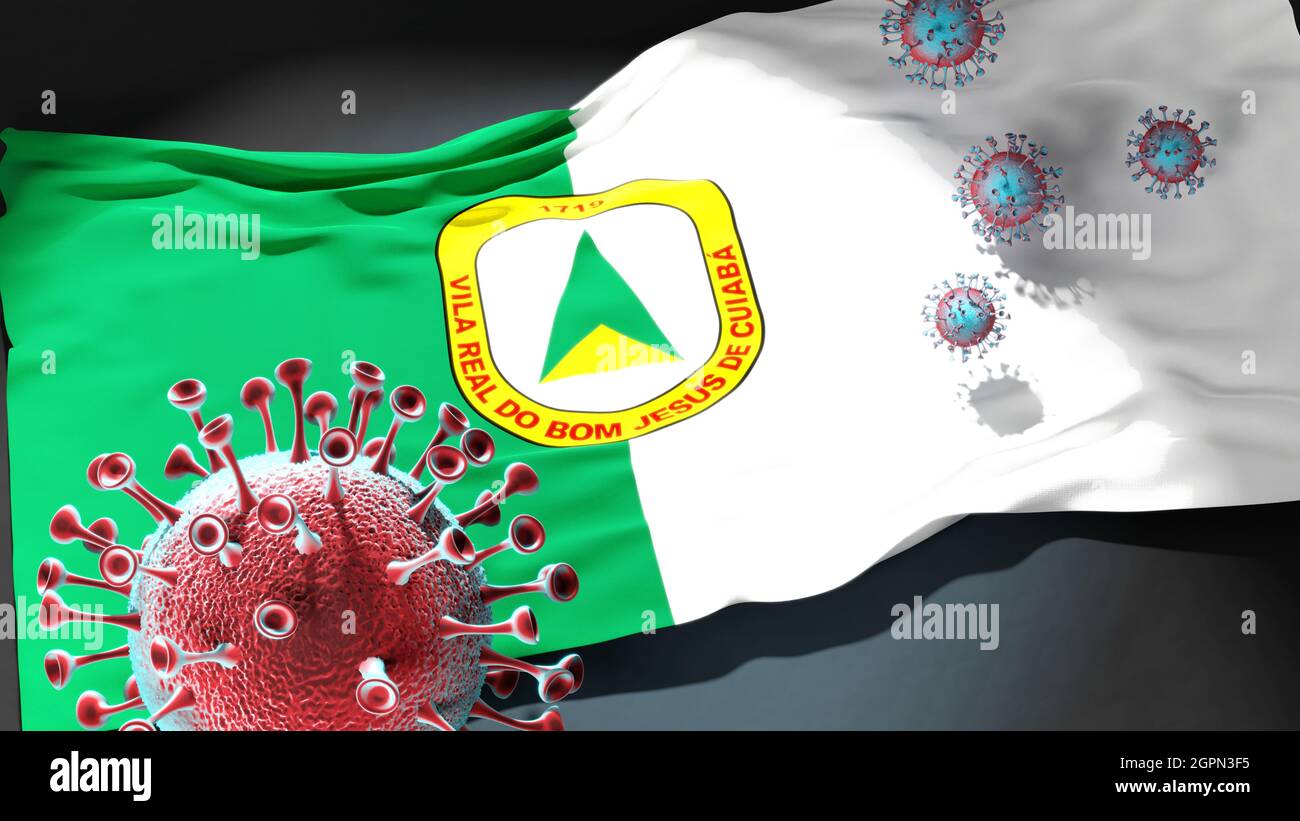 Covid in Cuiaba - Coronavirus greift eine Stadtflagge von Cuiaba als Symbol für einen Kampf und Kampf gegen die Viruspandemie in dieser Stadt an, 3D-Illustration Stockfoto