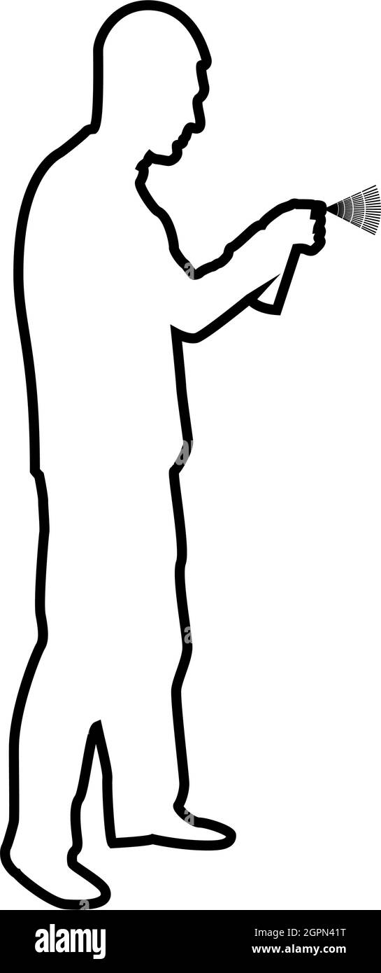 Mann mit Wasser gesprüht in nach oben männliche Bewässerung Garten mit Hand-Sprinkler Holding Arm spezielle Kamm Kontur Umriss schwarz Farbe Vektor Illustration flachen Stil Bild Stock Vektor