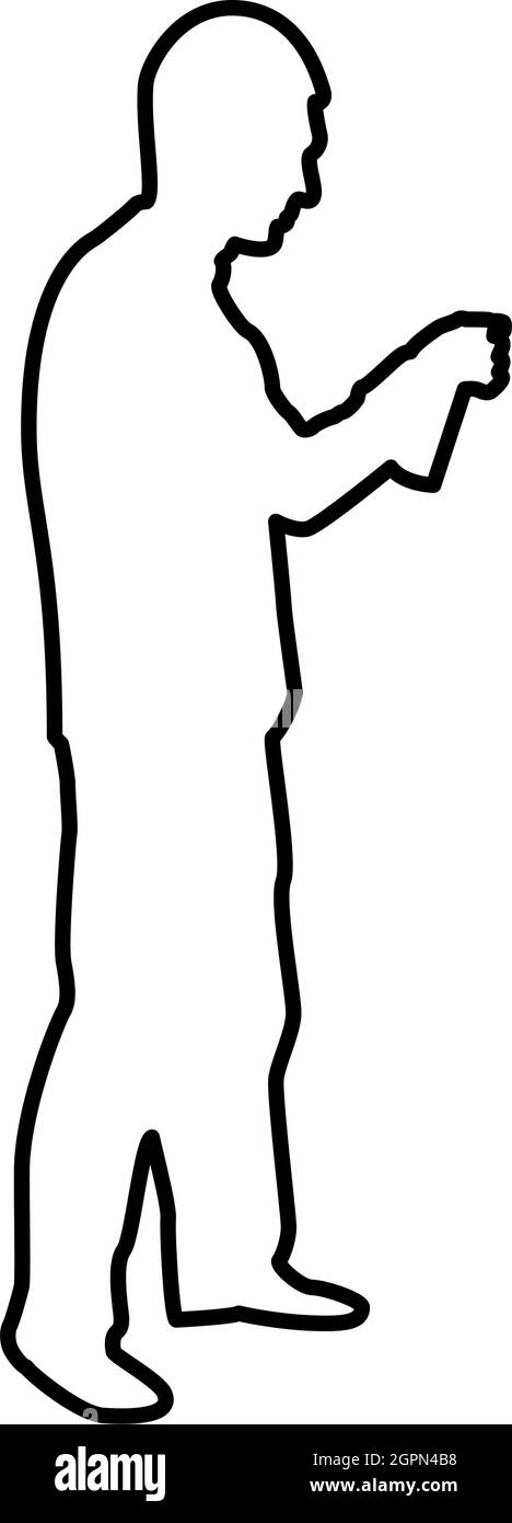 Mann mit Wasser gesprüht in nach oben männliche Bewässerung Garten mit Hand-Sprinkler Holding Arm spezielle Kamm Kontur Umriss schwarz Farbe Vektor Illustration flachen Stil Bild Stock Vektor