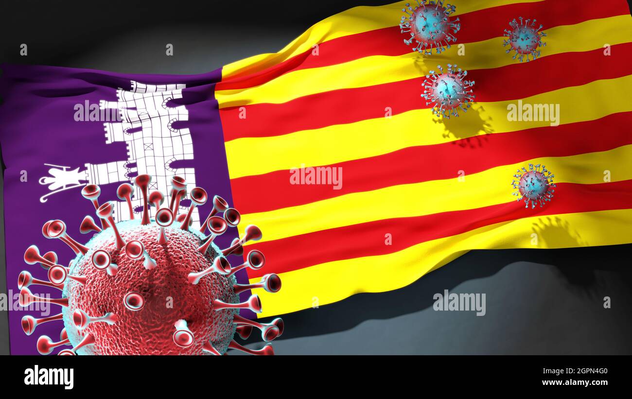 Covid auf Mallorca - Coronavirus Angriff auf eine Stadtflagge von Mallorca als Symbol für einen Kampf und Kampf mit der Virus-Pandemie in dieser Stadt, 3d illustrr Stockfoto