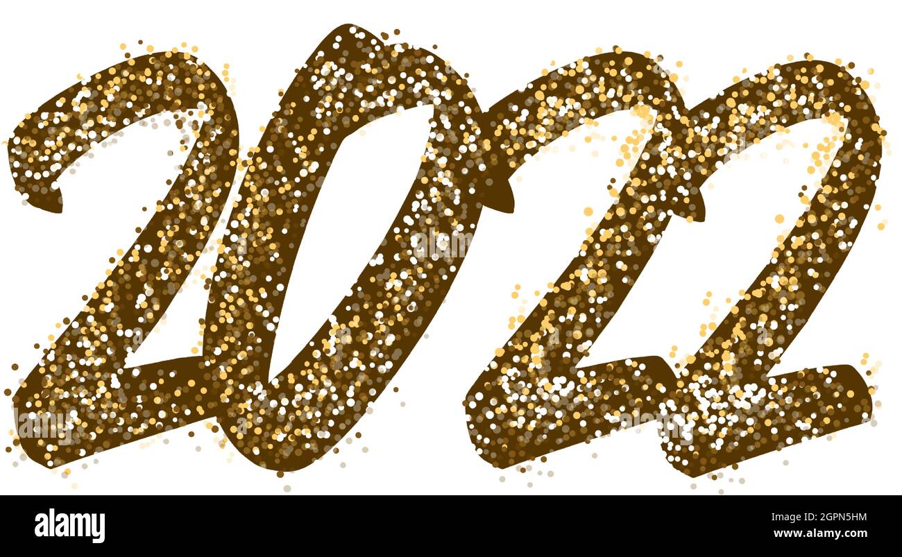 2022 Happy New Year Schriftzug. Text golden mit hellen Funkeln. Handgeschriebener Text in Farbe und Farbe Gold. Festliche Designvorlage, Begrüßung Stock Vektor